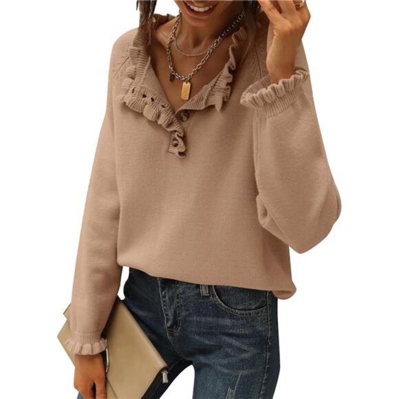 Womens Sweaters Fall Winter Outfits Long Sleeve Button Down Ruffle Crew Neck - Picture 1 of 7